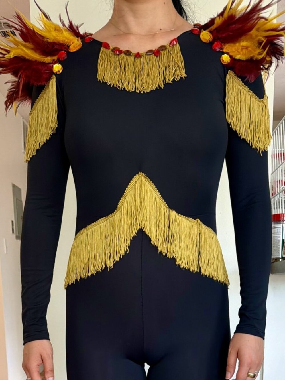 Black Gold Red feather tassel Catsuit Bodysuit Costume Cosplay